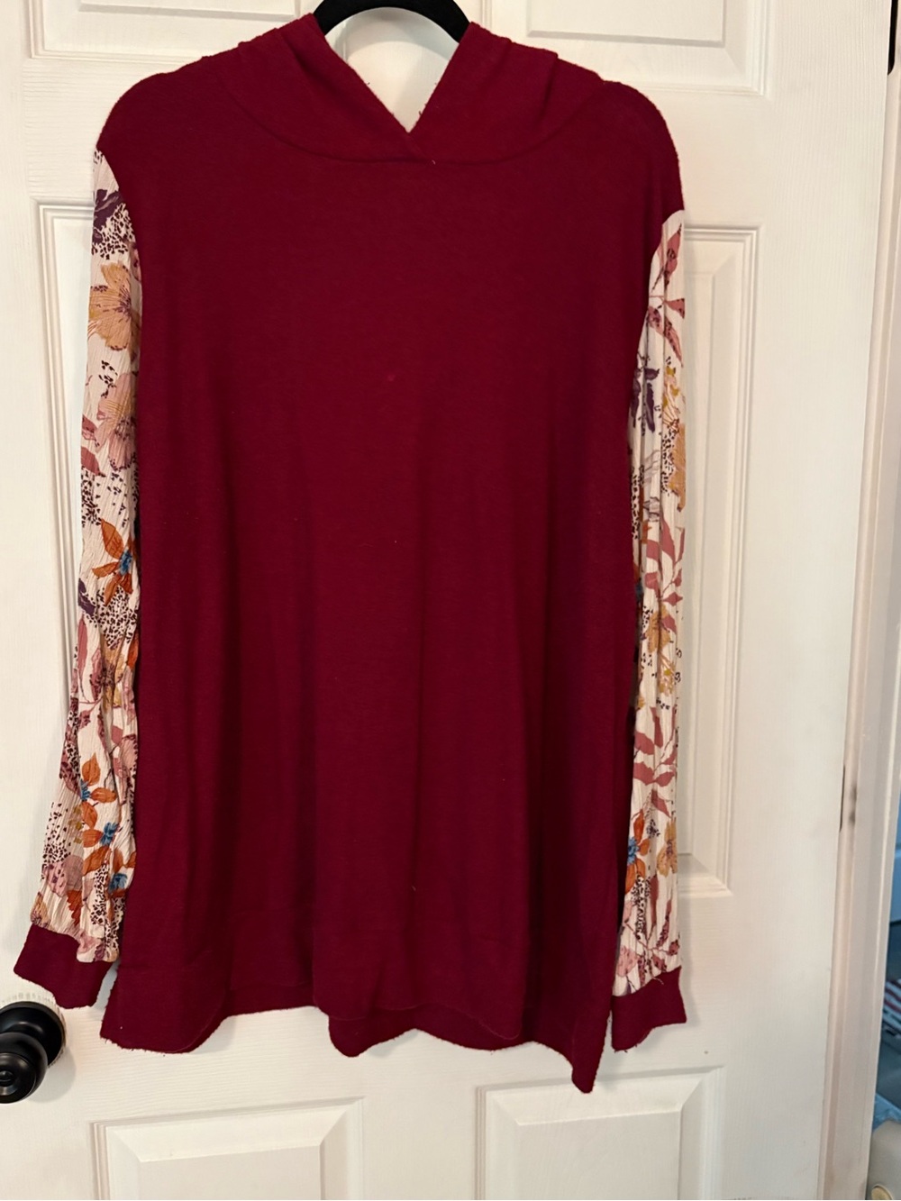 Womens Burgundy Hooded Top with Floral Sleeves